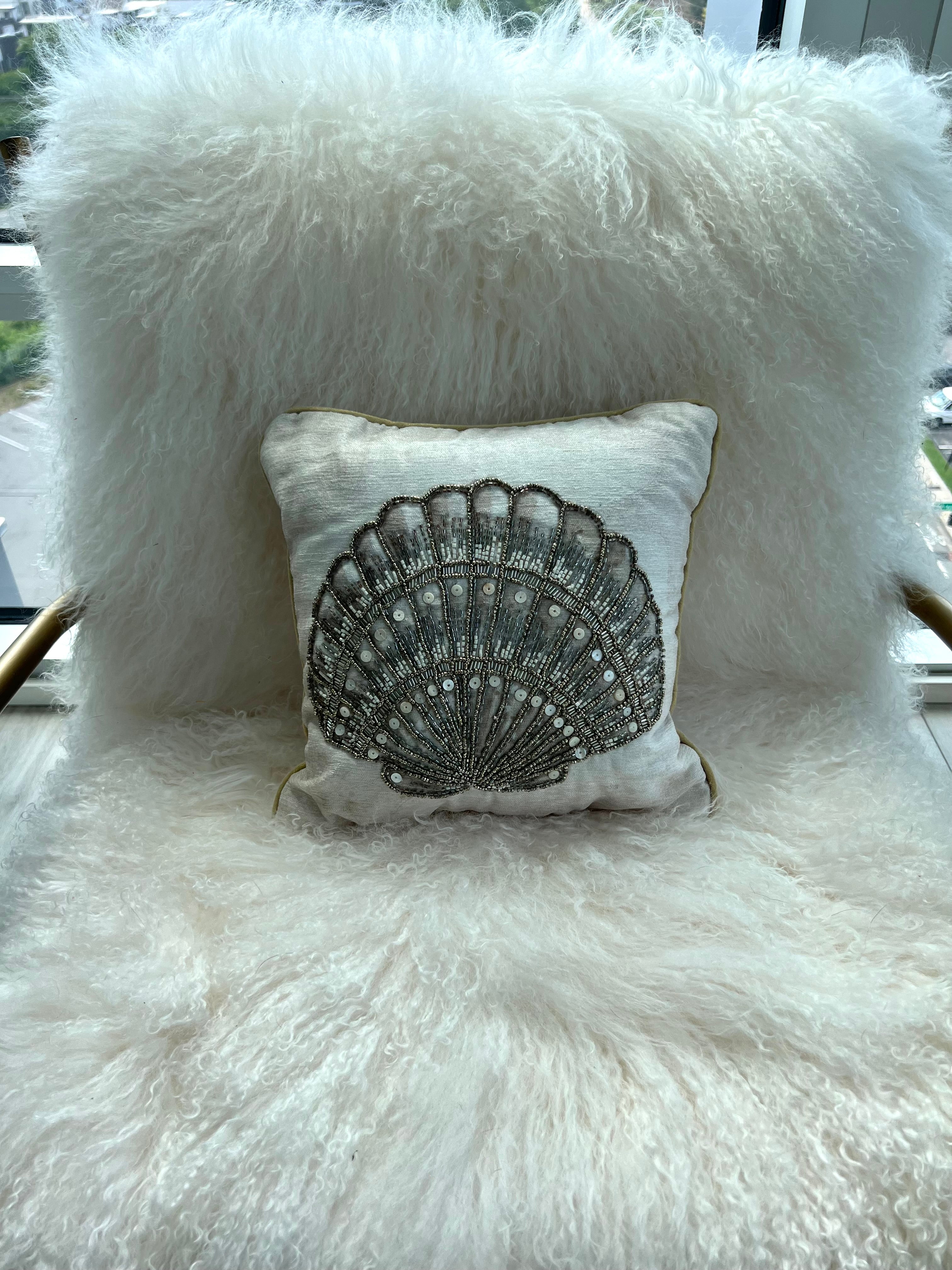 Beige Beaded Shell Throw Pillow