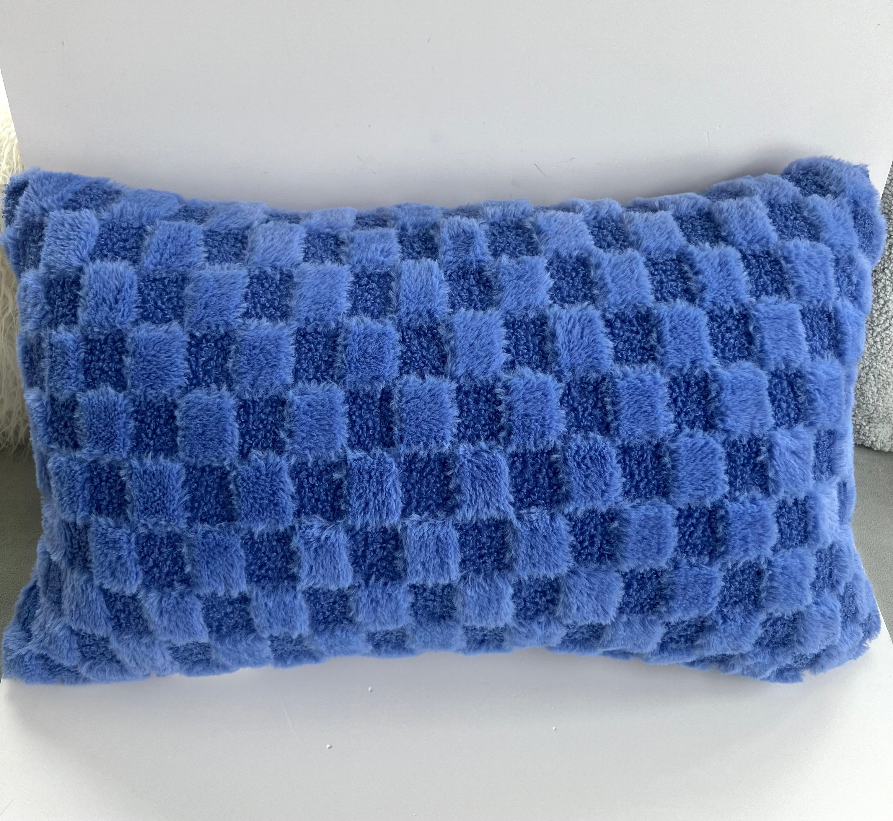 Fuzzy Blue Checkered Pillow